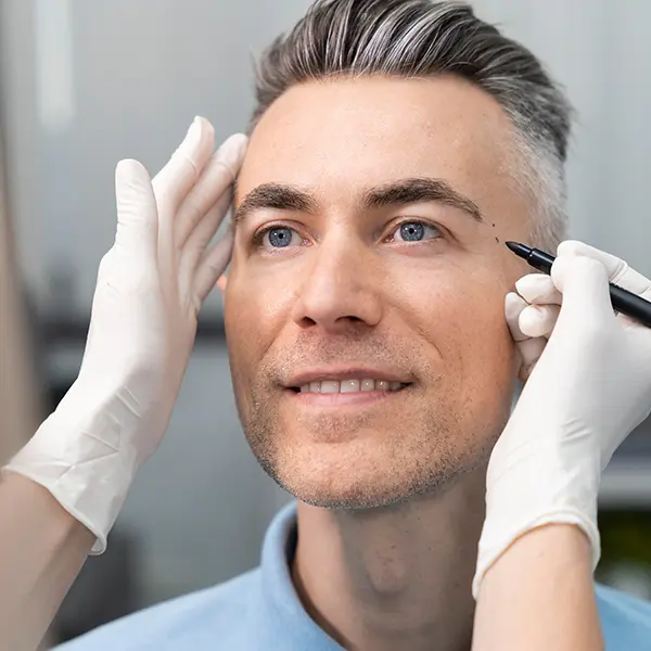 A plastic surgeon marking the face of a middle aged male to prepare for plastic surgery