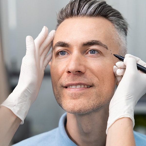 A plastic surgeon marking the face of a middle aged male to prepare for plastic surgery